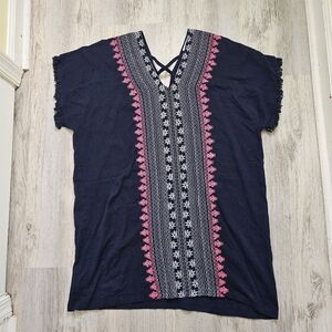 Jade Melody Tam Embroidered Fringe Boho Swim Cover Up Navy